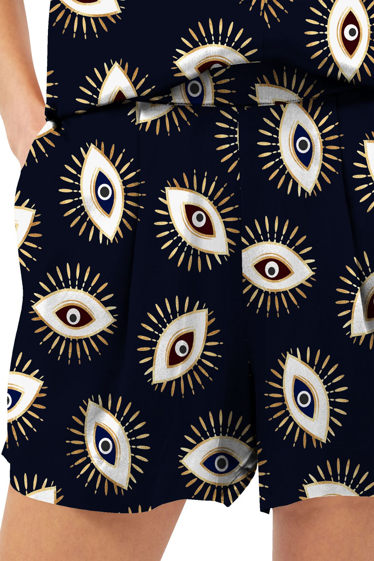"evil eye shorts" "Kyle X Shahida" "shorts with print" "womens patterned shorts"