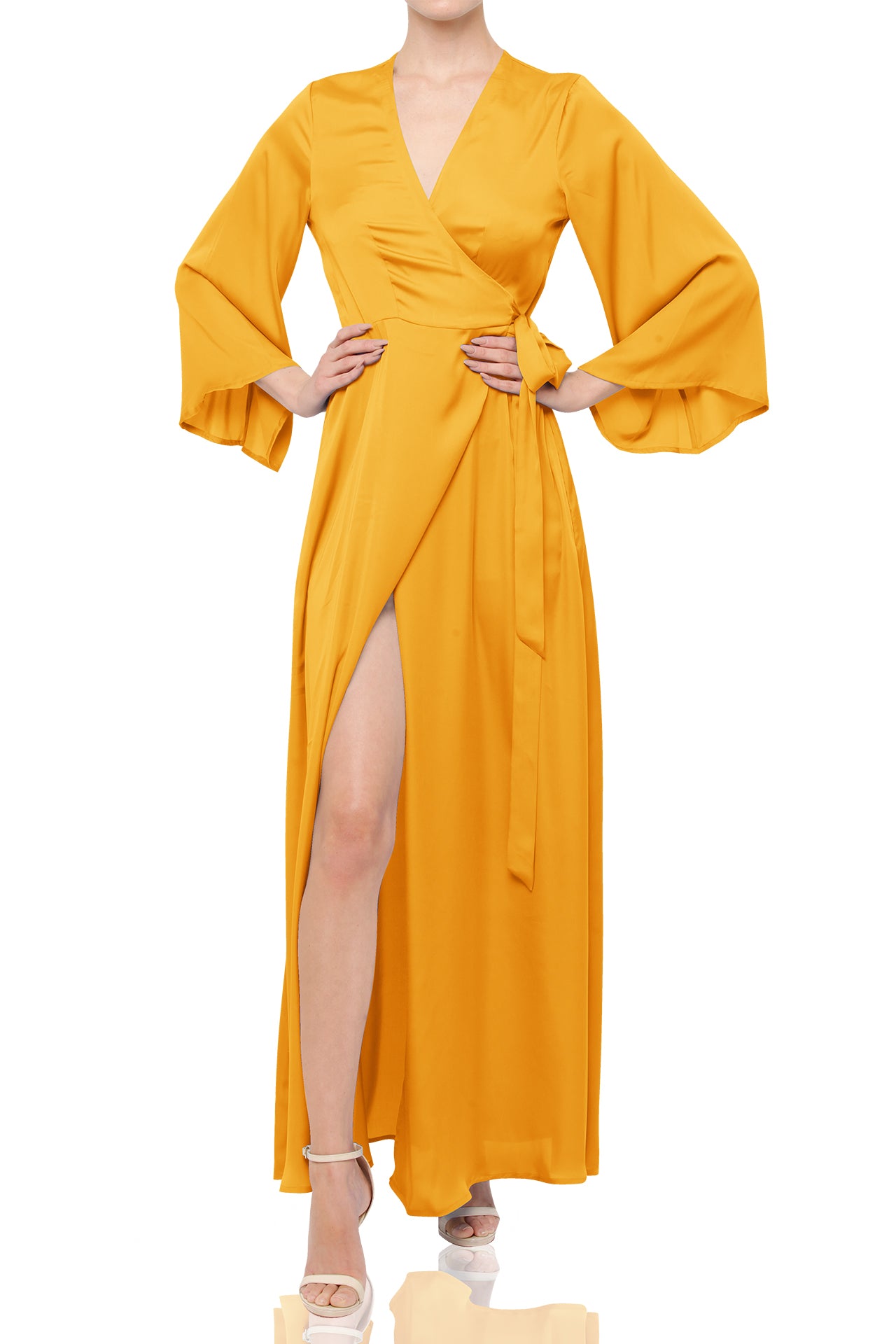 yellow long sleeve wrap dress Have Faith Yellow Satin Button Sleeve Wrap Maxi Dress