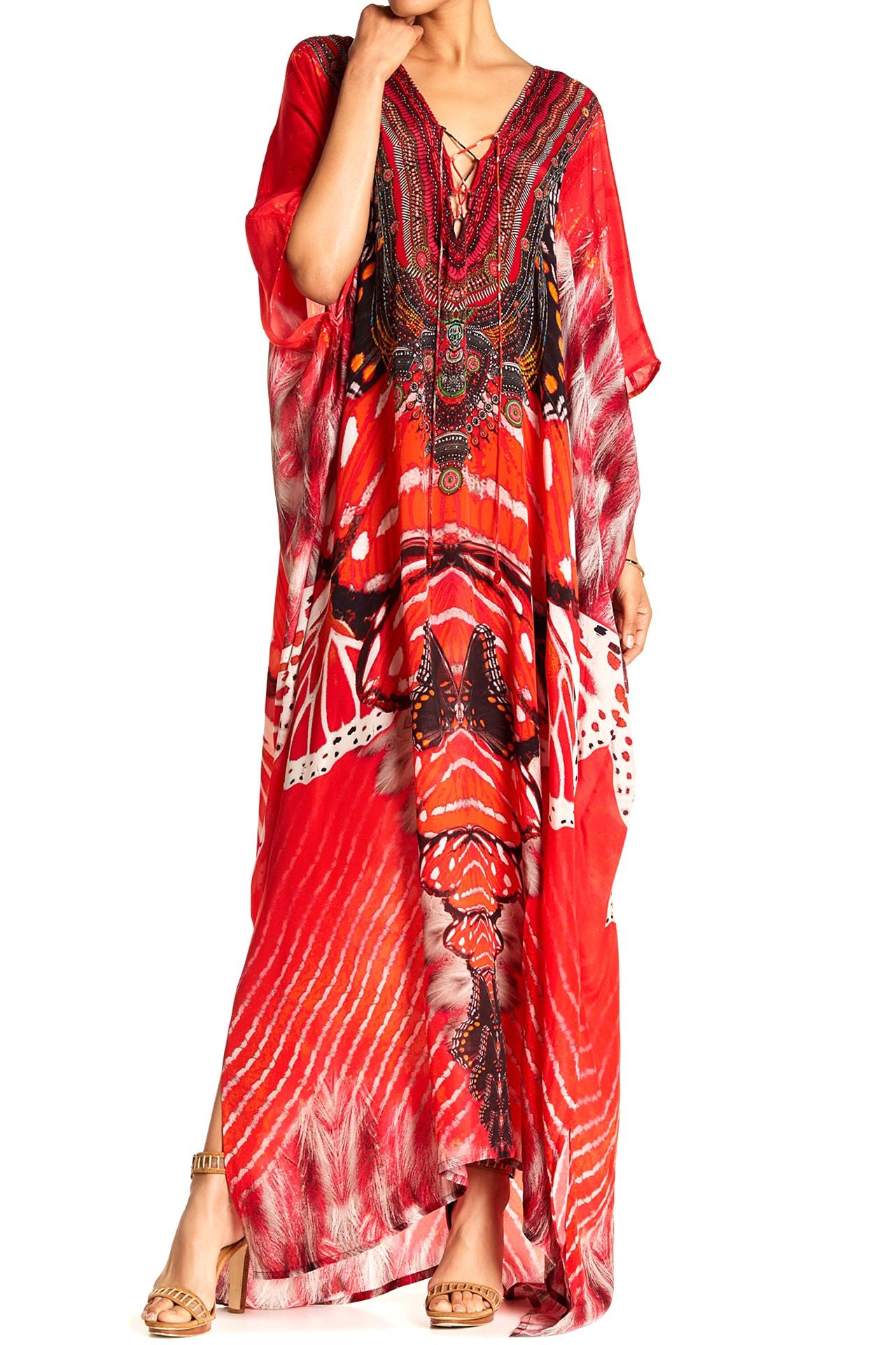 As seen On Kyle Richards Lace Up Caftan Dress In Red Butterfly Print