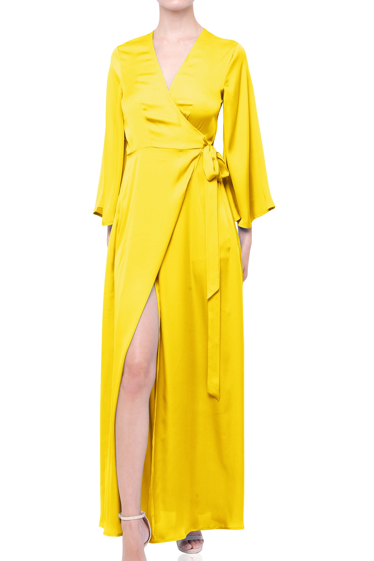 2022 Bestseller Full Sleeve Long Maxi Wrap Dress in Solid Lemon Drop Custom Size 2022 Bestseller Full Sleeve Long Maxi Wrap Dress in Solid Lemon Drop Custom Size