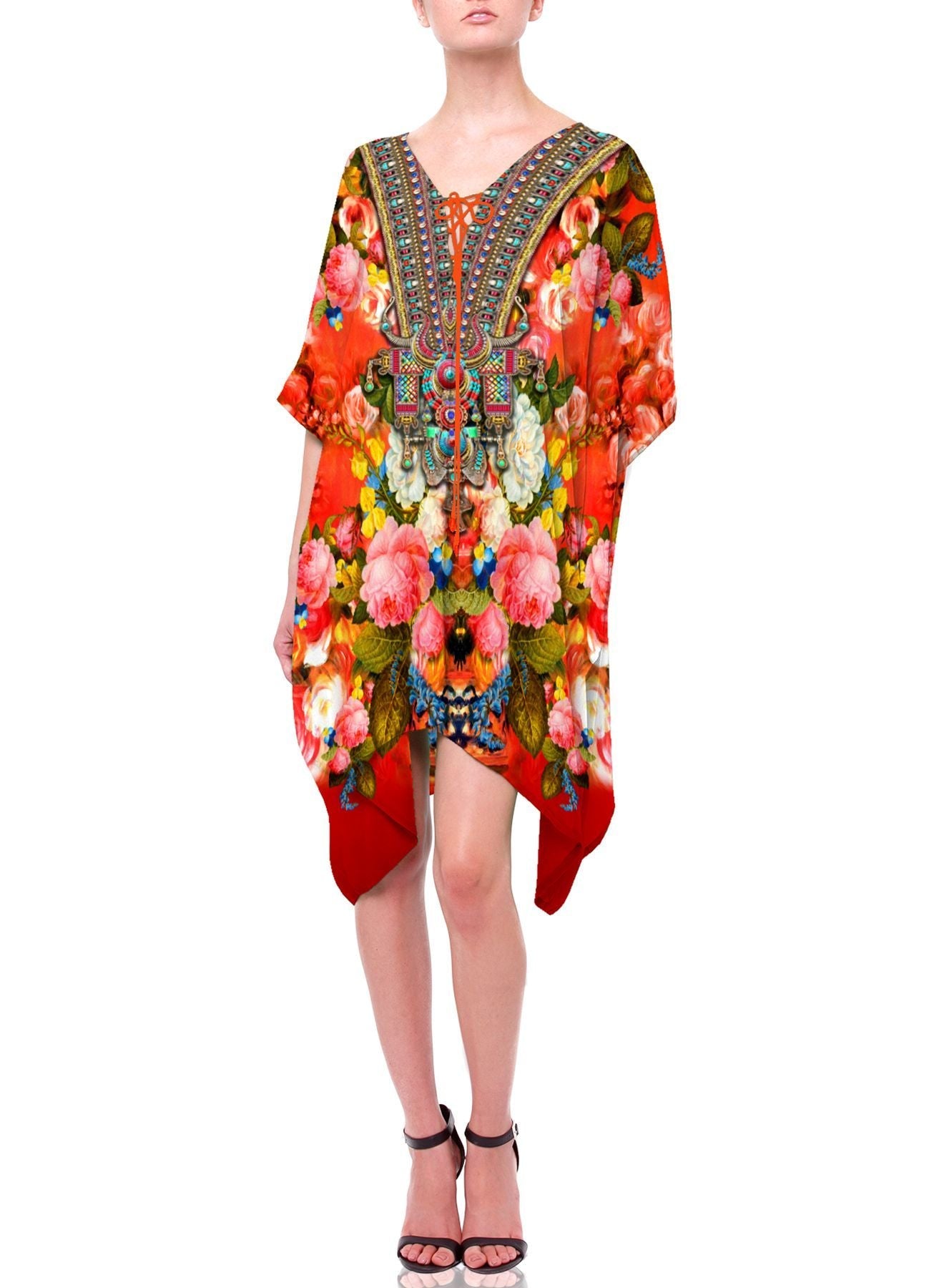 short caftan dresses Short caftan dress with floral print by Nuichan. Boho caftan