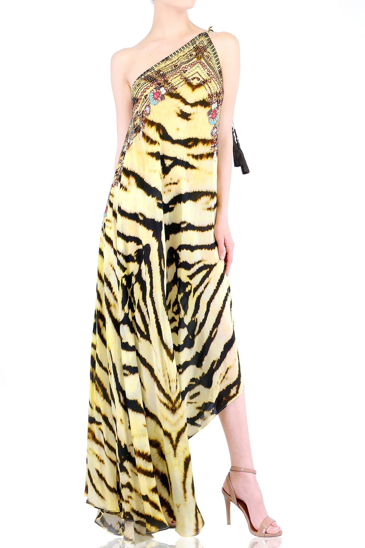 tiger print maxi dress Nasty Gal Women's Premium Satin Tiger Cowl Back Strappy Maxi Dress in Stone