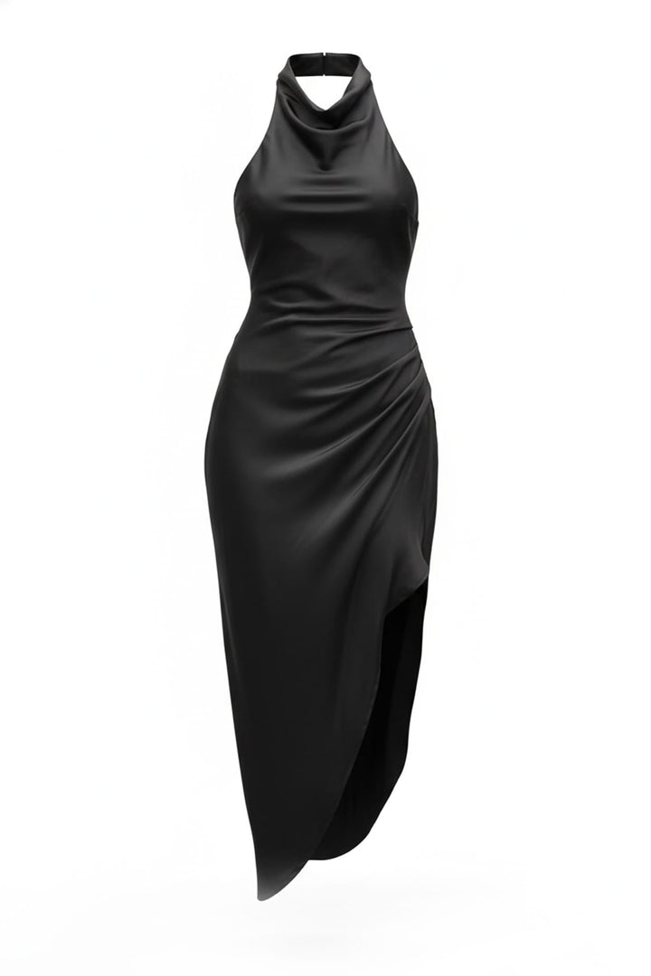Shahida Parides,
elegant black halter neck dress,
sleek black evening dress,
modern asymmetric cocktail dress,