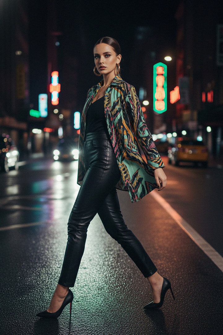 back angle view, Shahida Parides shirt, leaf print dress, mint outfit, colorful shirt, designer wear, black leather pants, evening look, modern style, elegant fashion, street chic, long sleeve top