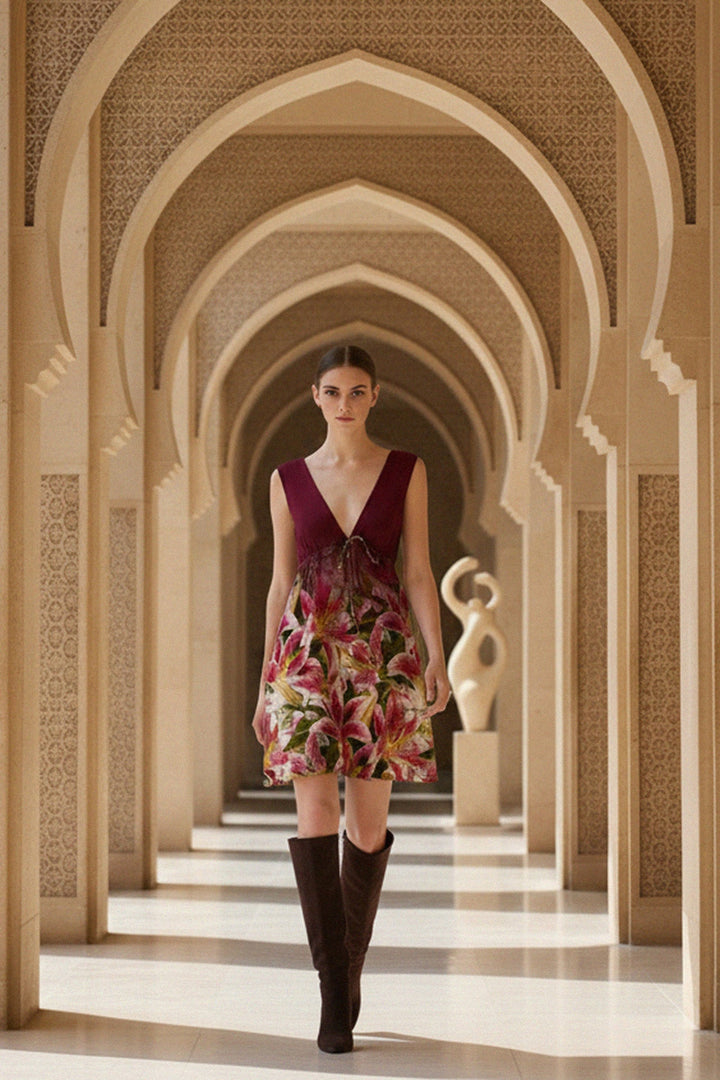 A model wearing a sleeveless burgundy mini dress featuring a deep V-neckline, drawstring waist detail, and a vibrant pink lily floral print. The look is styled with knee-high brown boots in an ornate architectural corridor.