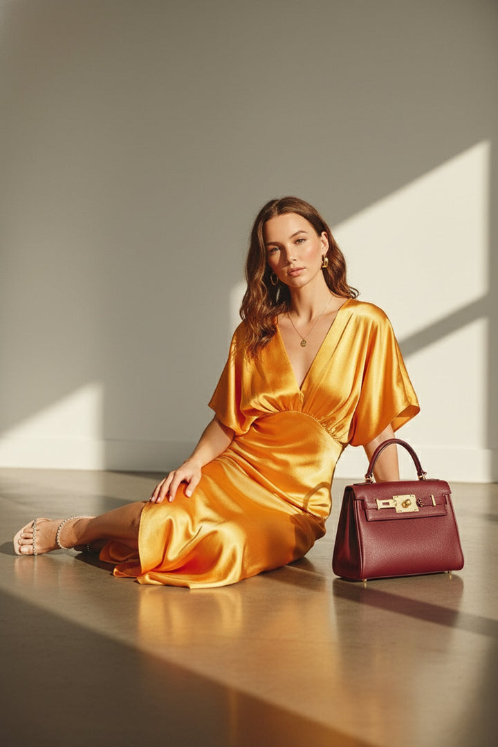 N ea Pari,
Elegant Cocktail Midi Dress,
Formal Plunged Neck Dress,
Sexy Midi Dress with Plunging Neckline,