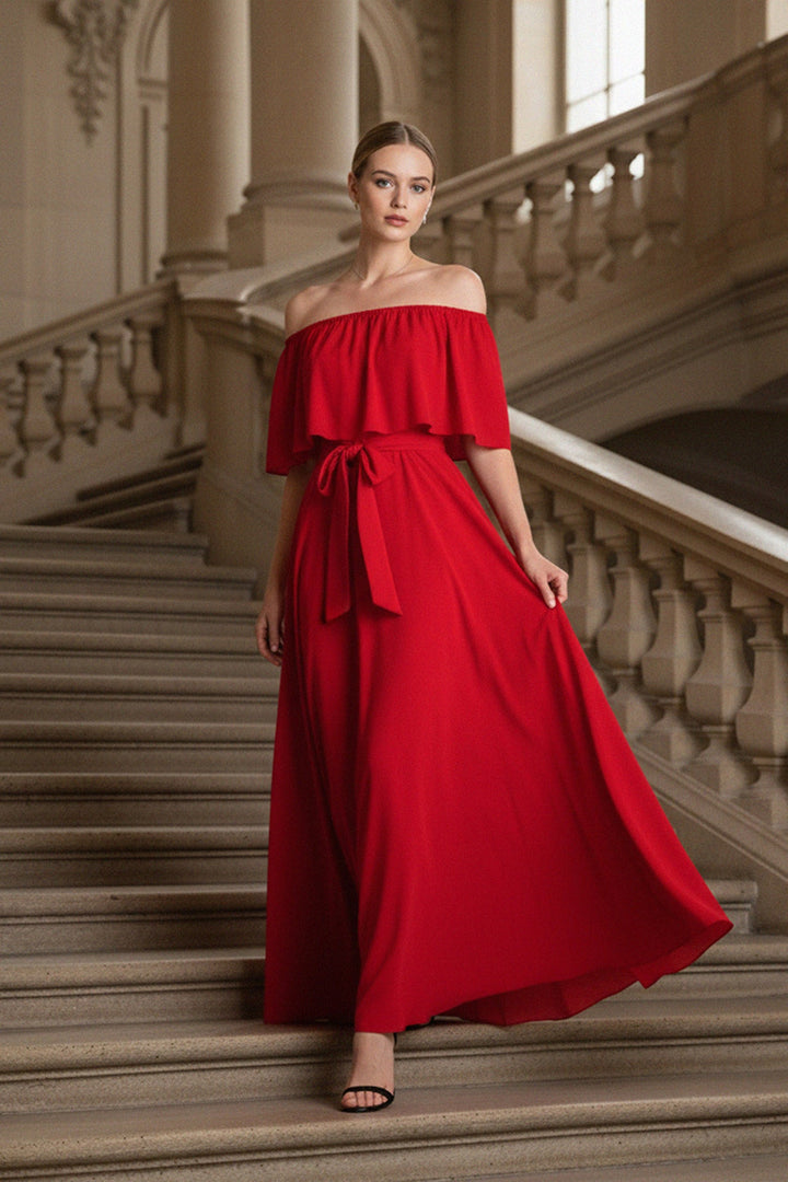 L Elegant Off-Shoulder Red Dress for Women L Elegant Off-Shoulder Red Dress for Women