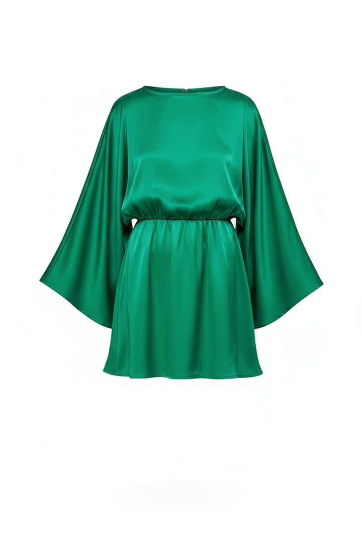 Shahida Parides,
long flared sleeve mini dress,
elegant crew neck mini dress,
flare sleeve short dress,