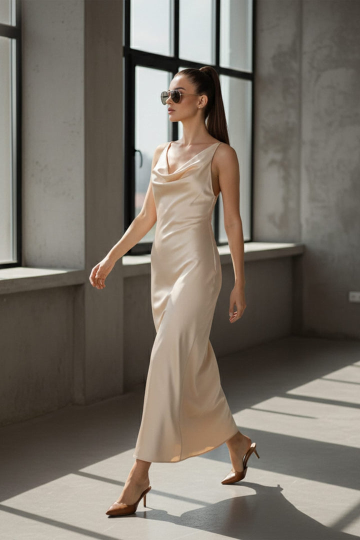 Side view of cowl neck crisscross open back gown for prom, Shahida,