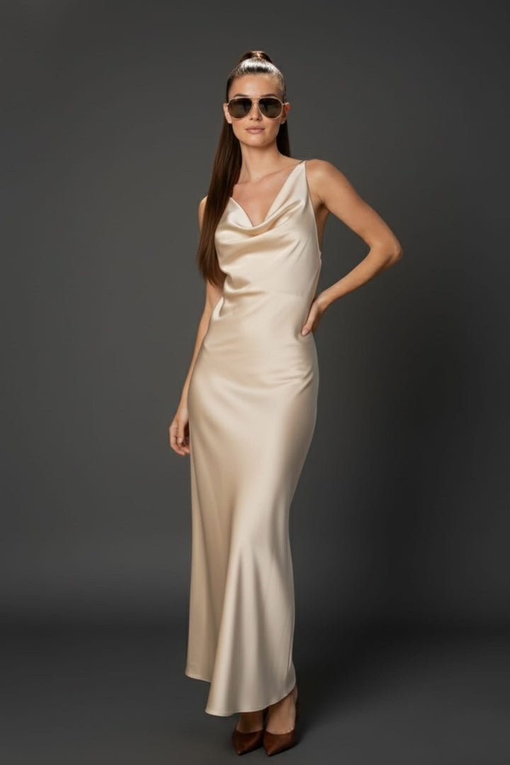 Evening-ready cowl neck crisscross open back dress, Shahida,