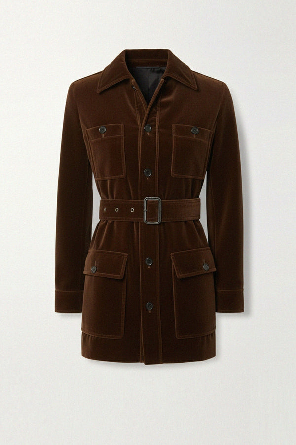 Elegant women’s winter coat with brown velvet fabric, kyle-x-Shahida,