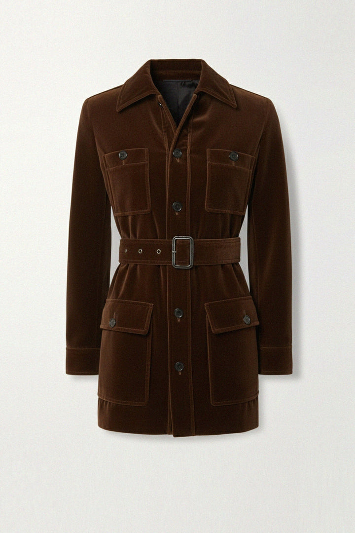 Elegant women’s winter coat with brown velvet fabric, kyle-x-Shahida,