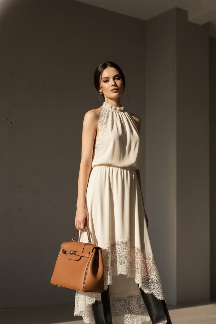 Shahida Parides,
cocktail lace midi dress,
lace insert midi dress,
flowy lace midi dress,