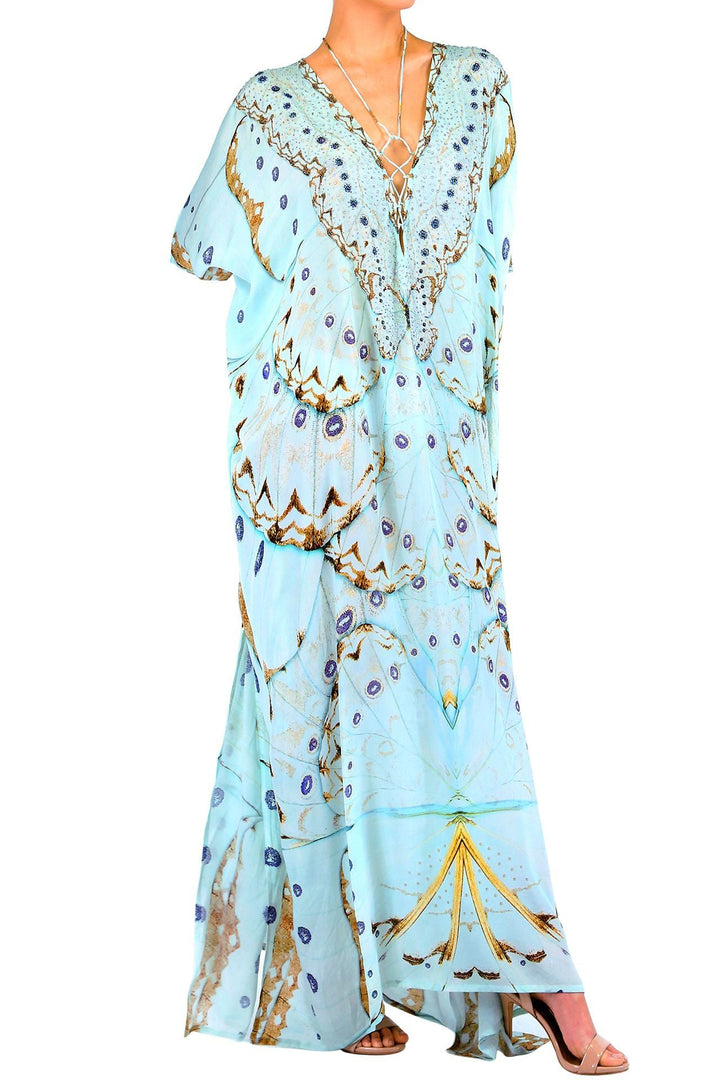 tropical dresses for vacation, cute vacation outfits, Shahida Parides, maxi kaftan,