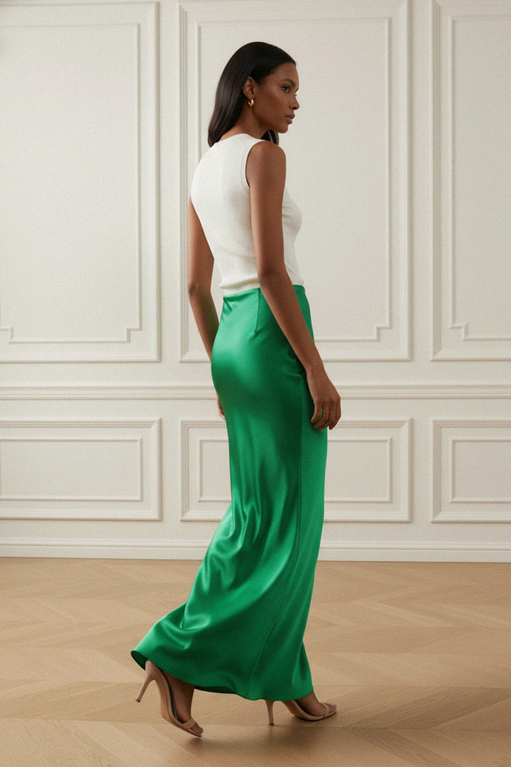 shahida parides, antonia skirt, rear view, vegan silk, cupro satin, luxury finish, minimalist style