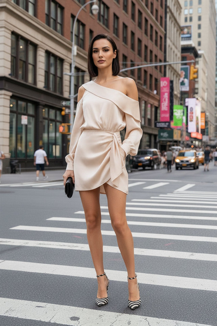 Shahida Parides,
modern cocktail dress,
flirty ruffle hem dress,
sleek asymmetric neckline dress,