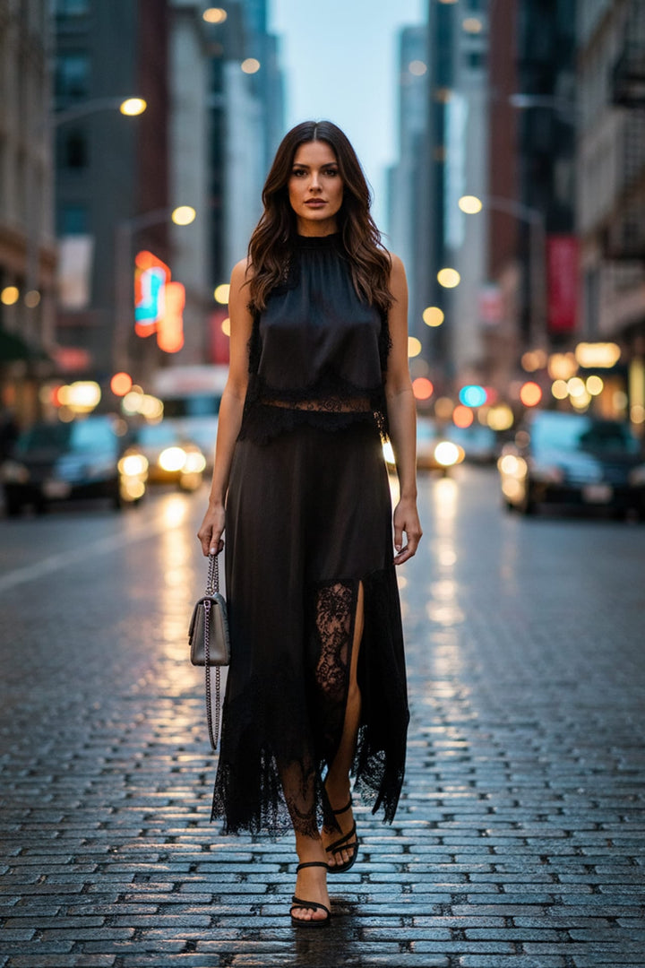 High Neck Lace Trim Midi Dress  Modest Glam | Kyle x Shahida XL