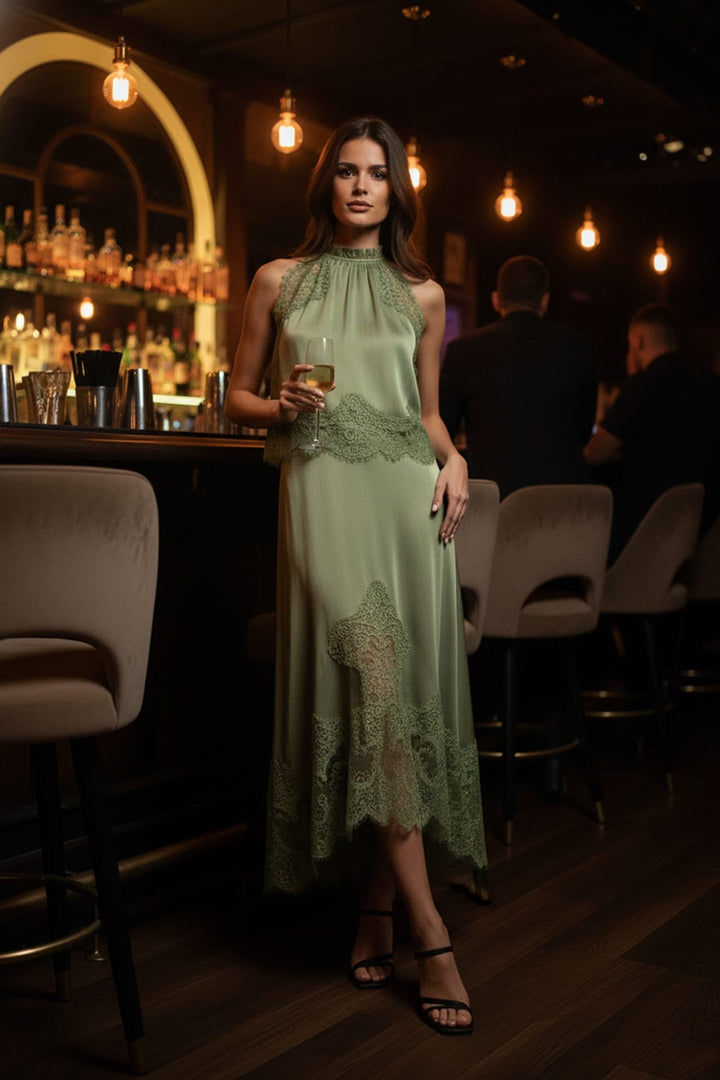 Shahida Parides,
midi dress with lace accents,
sleeveless lace trim midi dress,
romantic lace dress,