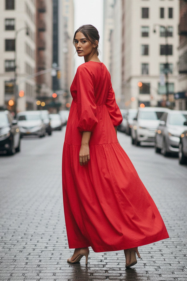 Puff Sleeve Maxi Dress in Red | Designer Long Maxi Dress Small Puff Sleeve Maxi Dress in Red | Designer Long Maxi Dress Small