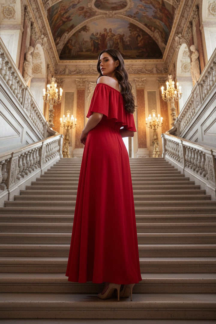 chic red evening fashion, luxury designer red dress, fashionable off shoulder gown, sophisticated women’s outfit, elegant red fashion look, couture red party dress, glamorous red designer wear, high fashion red gown, classy red evening style