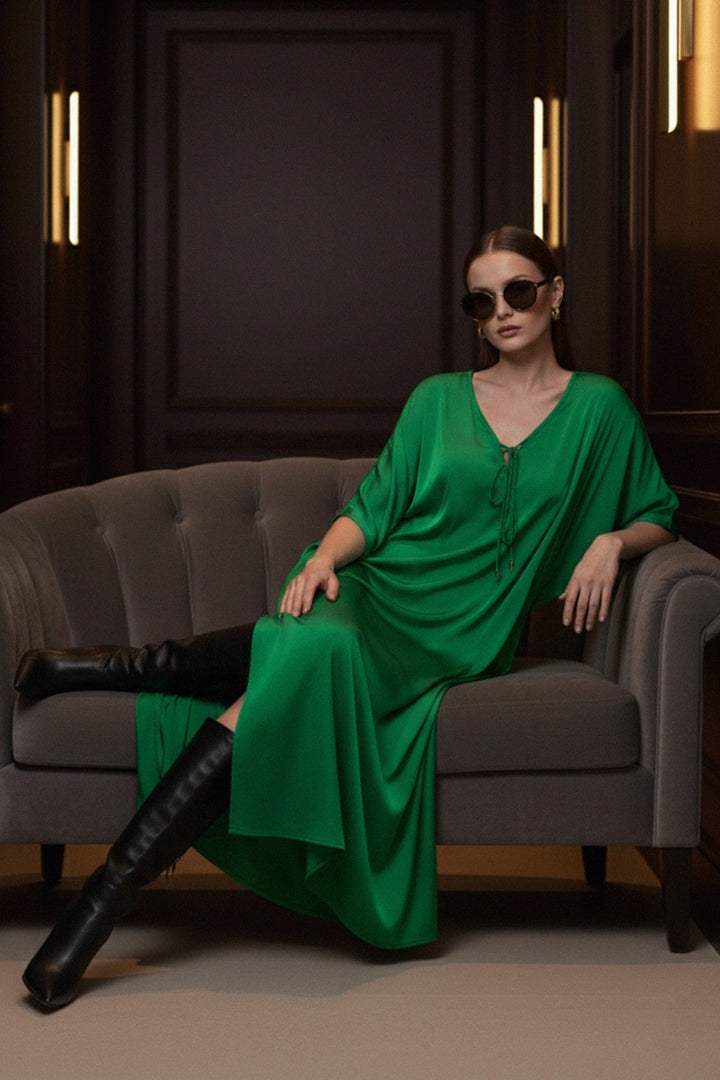right-pose, green-silk-dress, Shahida-Parides, resort-wear, vacation-style, luxury-kaftan, chic-maxi, sophisticated-look, modern-fashion, side-slit, summer-outfit, trendy-dress, elegant-style