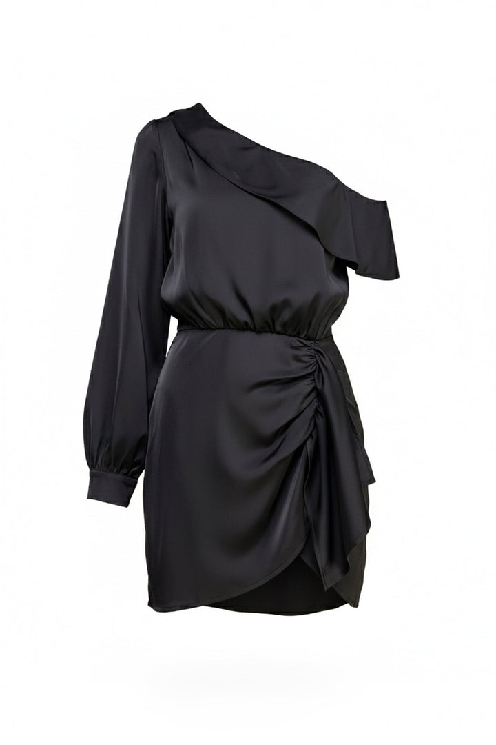 Shahida Parides,
flirty ruffle hem dress,
sleek asymmetric neckline dress,
elegant long sleeve bodycon,