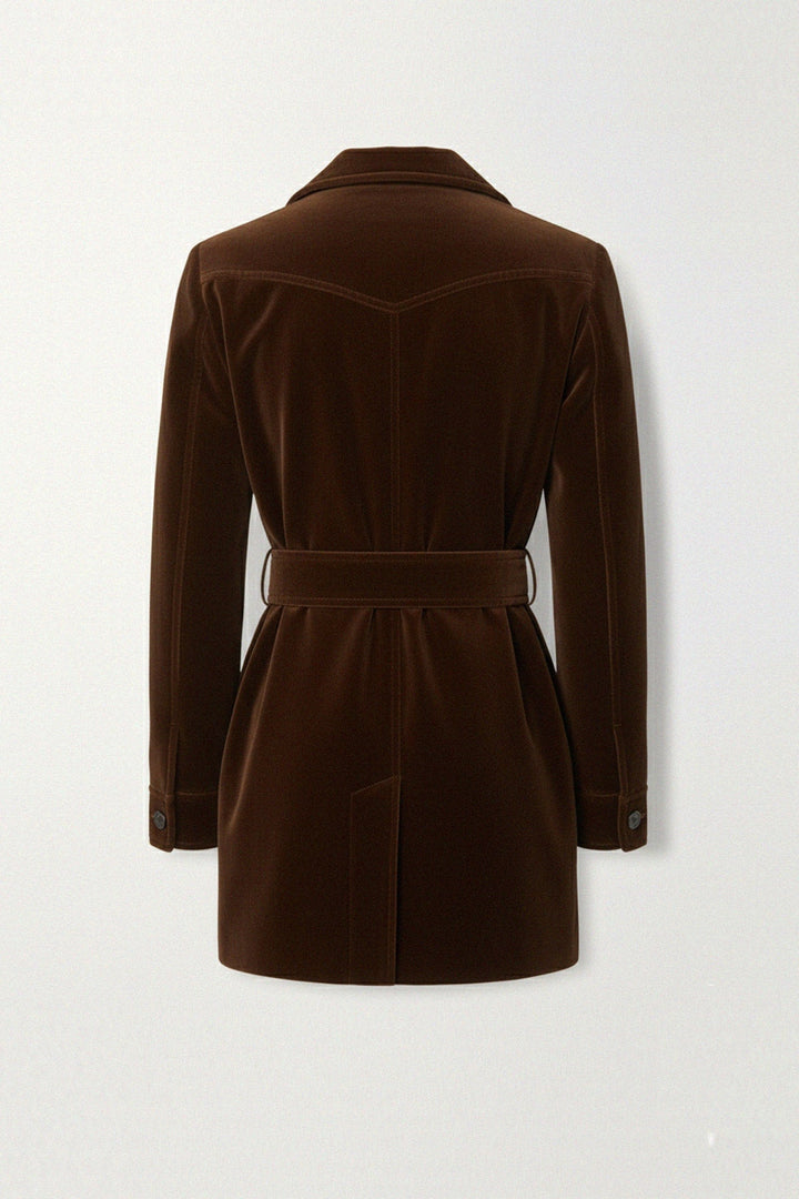 High-quality brown velvet coat with belt for winter wear, kyle-x-Shahida,