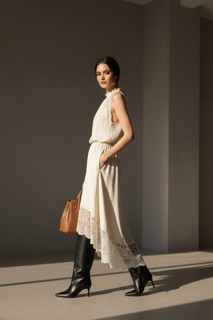 Shahida Parides,
elegant lace trim midi dress,
midi dress with lace accents,
sleeveless lace trim midi dress,