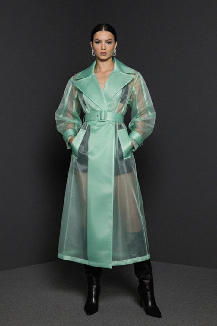 Fashion-forward transparent organza trench coat, Shahida,