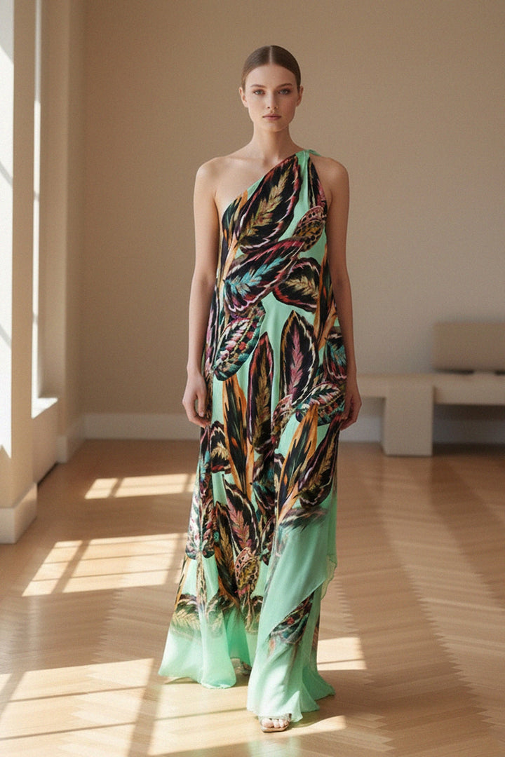 one shoulder maxi dress, mint green dress, feather print dress, formal event outfit, Shahida Parides, luxury fashion, elegant maxi dress