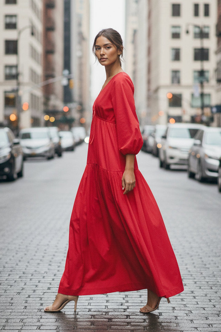 Puff Sleeve Maxi Dress in Red | Designer Long Maxi Dress Small Puff Sleeve Maxi Dress in Red | Designer Long Maxi Dress Small