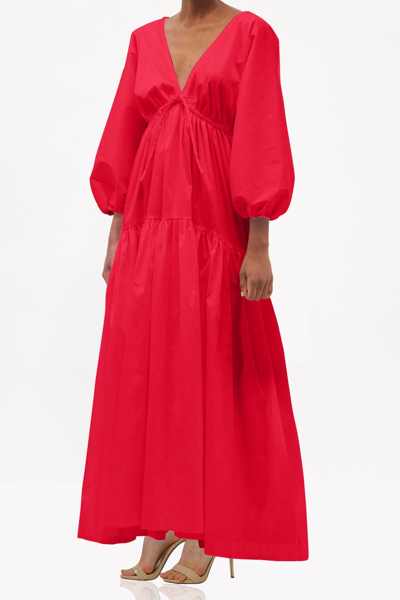 strapless open back dress Puff Sleeve Maxi Dress in Red