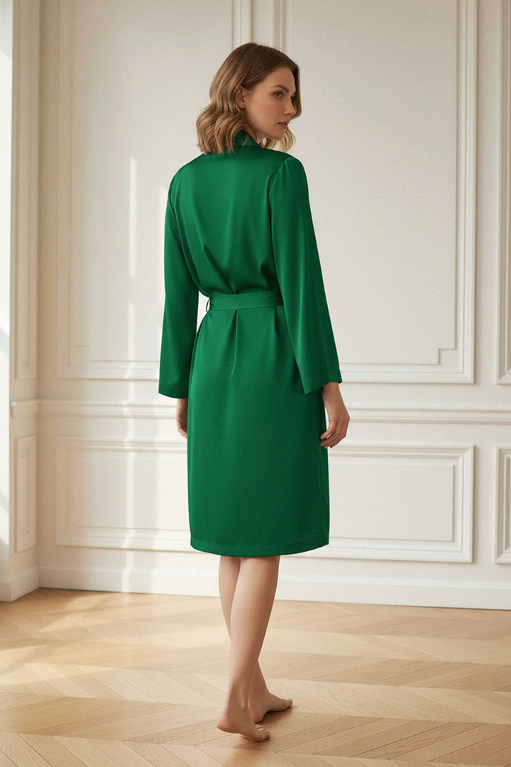 Shahida Parides, stylish loungewear, elegant dress, luxury casual wear, belted green dress, minimalist fashion, eco-friendly dress, chic robe