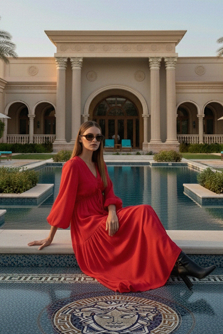 Puff Sleeve Maxi Dress in Red | Designer Long Maxi Dress Small Puff Sleeve Maxi Dress in Red | Designer Long Maxi Dress Small