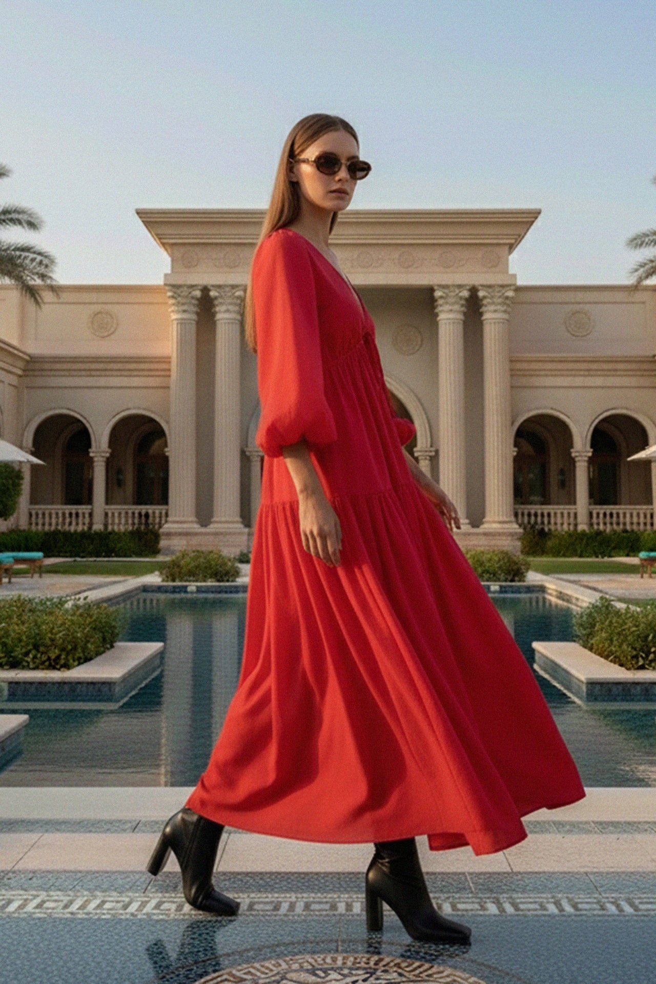 red puff long sleeve dress Puff-Sleeve Long Ruffled Prom Dress: Amarra 94002 Red / 000