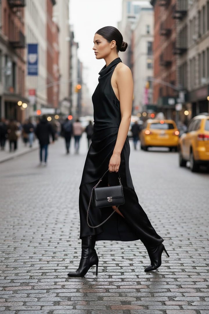 halter neck fitted black dress,
black bodycon dress with halter neckline, Shahida Parides,
women’s halter neck bodycon dress,