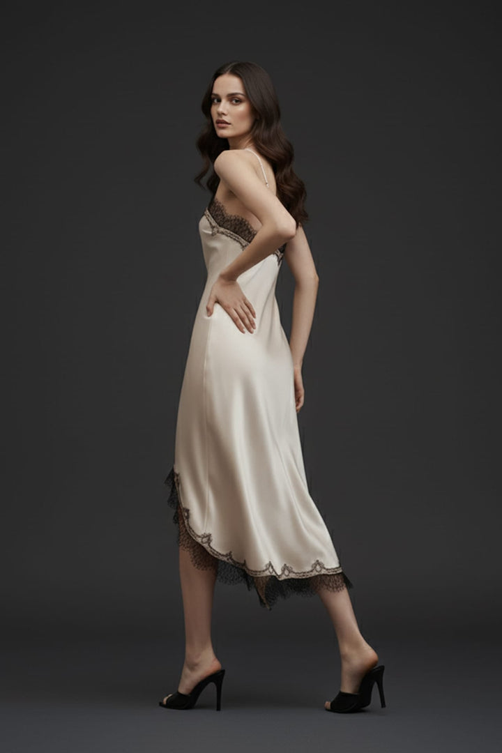 Shahida, Lace trim satin slip dress,
Slip dress for date night,
Romantic lace dress,