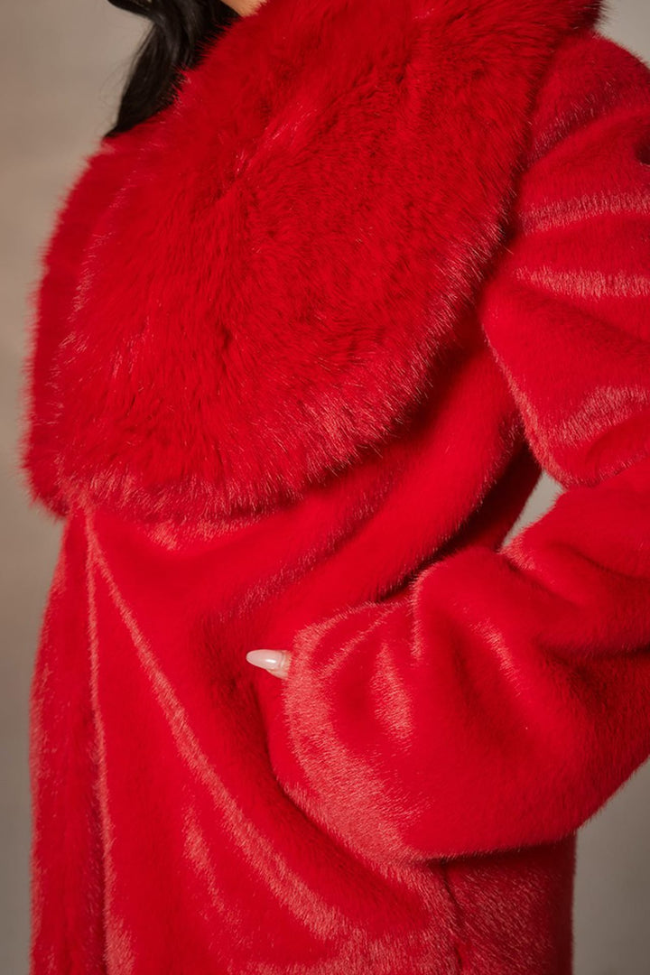 Long faux fur red coat for winter elegance and style, Shahida,