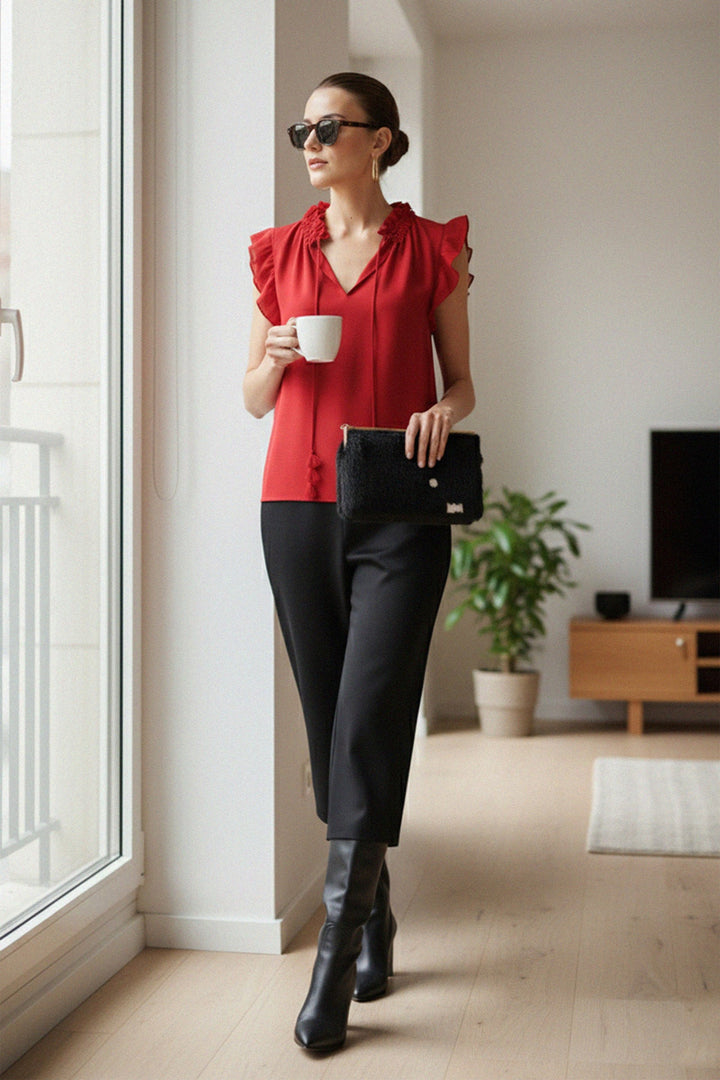 Indoor Fashion, Lifestyle Look, Coffee Moment, Designer Elegance, Home Style, Modern Femininity, Red Statement Blouse, Relaxed Chic, Contemporary Womenswear, Luxury Minimalism