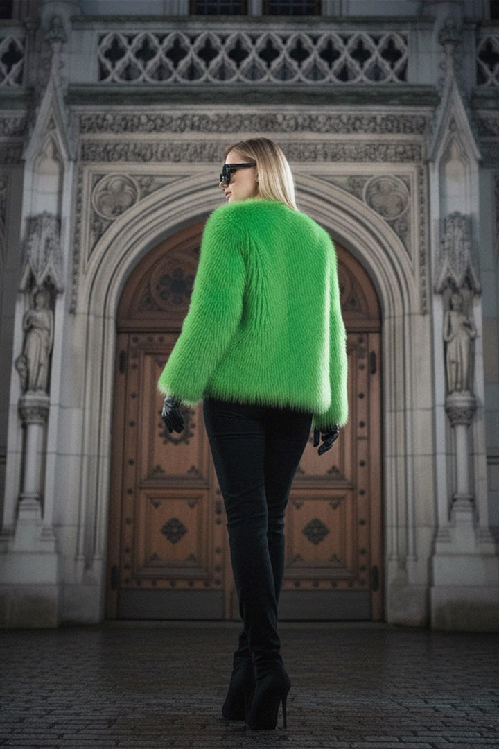 N ea Pari,
Elegant faux fur coat,
Faux fur outerwear,
Winter statement jacket,