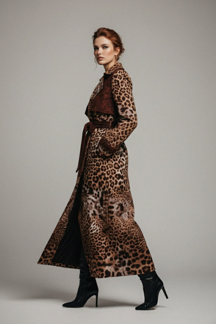 Fashionable Animal Print Coat with Waist Tie, Shahida,
