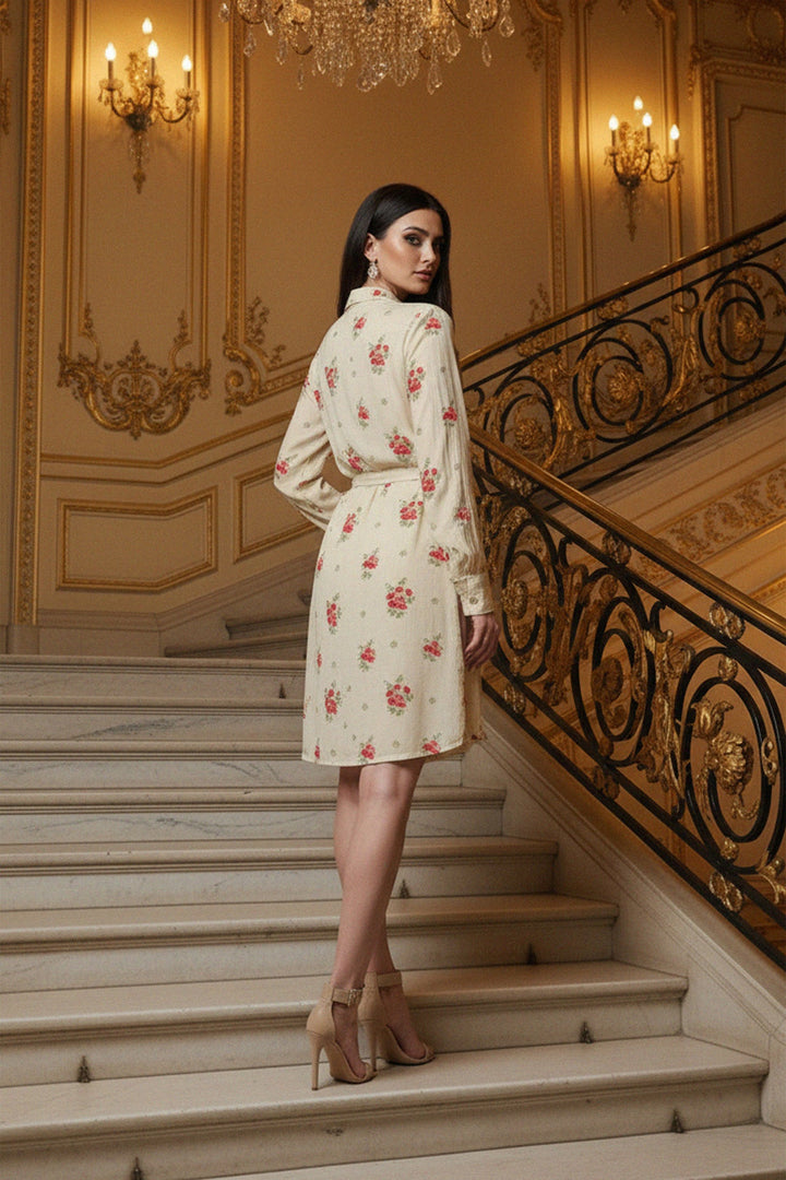 Model wearing floral embroidered mini shirt dress, Shahida,