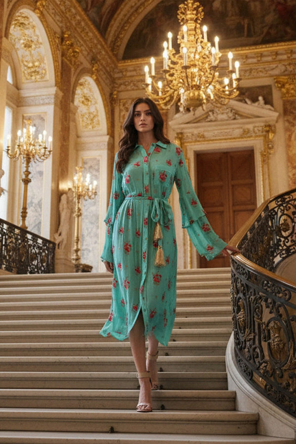 Elegant floral embroidered shirt dress women’s fashion, Shahida,