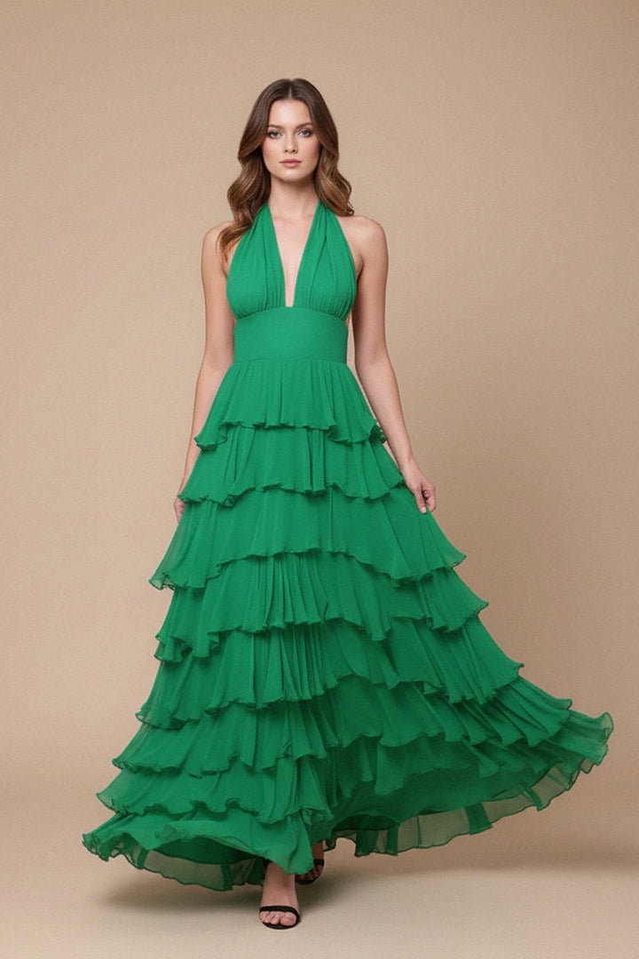 flowing maxi dress, green halter, layered ruffles, soft chiffon, evening elegance, Shahida Parides, feminine dress, graceful movement, chic eventwear, luxury outfit