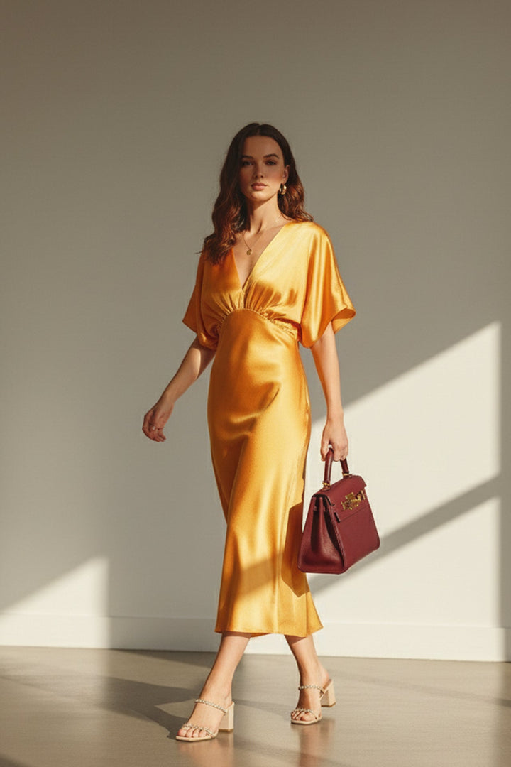 Formal Midi Dress for Women,
Women’s Gathered Neck Midi Dress,
Evening Plunged Neck Dress,
N ea Pari,