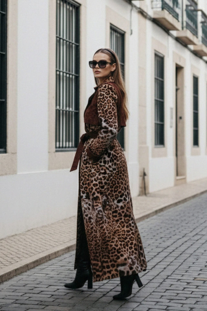 Elegant Animal Print Double-Breasted Coat, Shahida,
