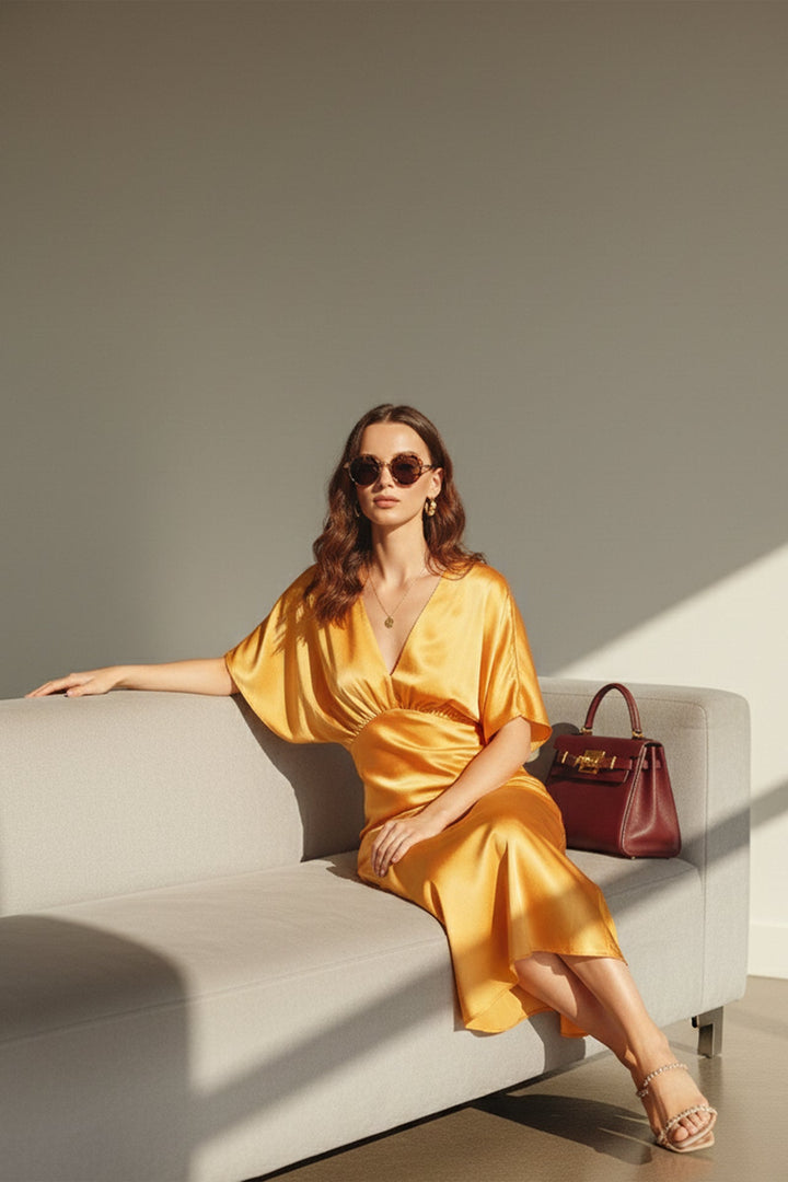 N ea Pari,
Sexy Plunged Neck Dress,
Flattering Midi Dress,
Sophisticated Plunged Neck Dress,