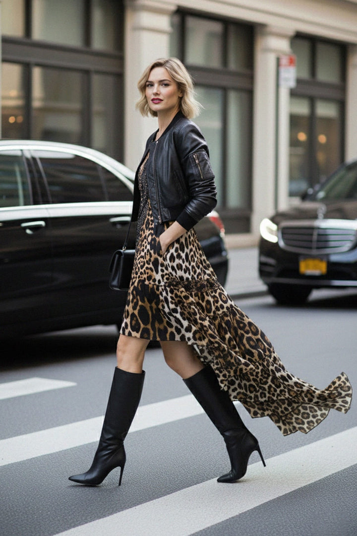 Evening-ready animal print high low dress with plunging neckline and beads, Shahida,