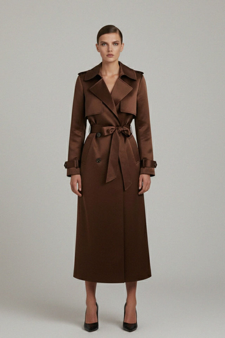satin trench coat with a glossy high-shine finish and event-ready style, Shahida,