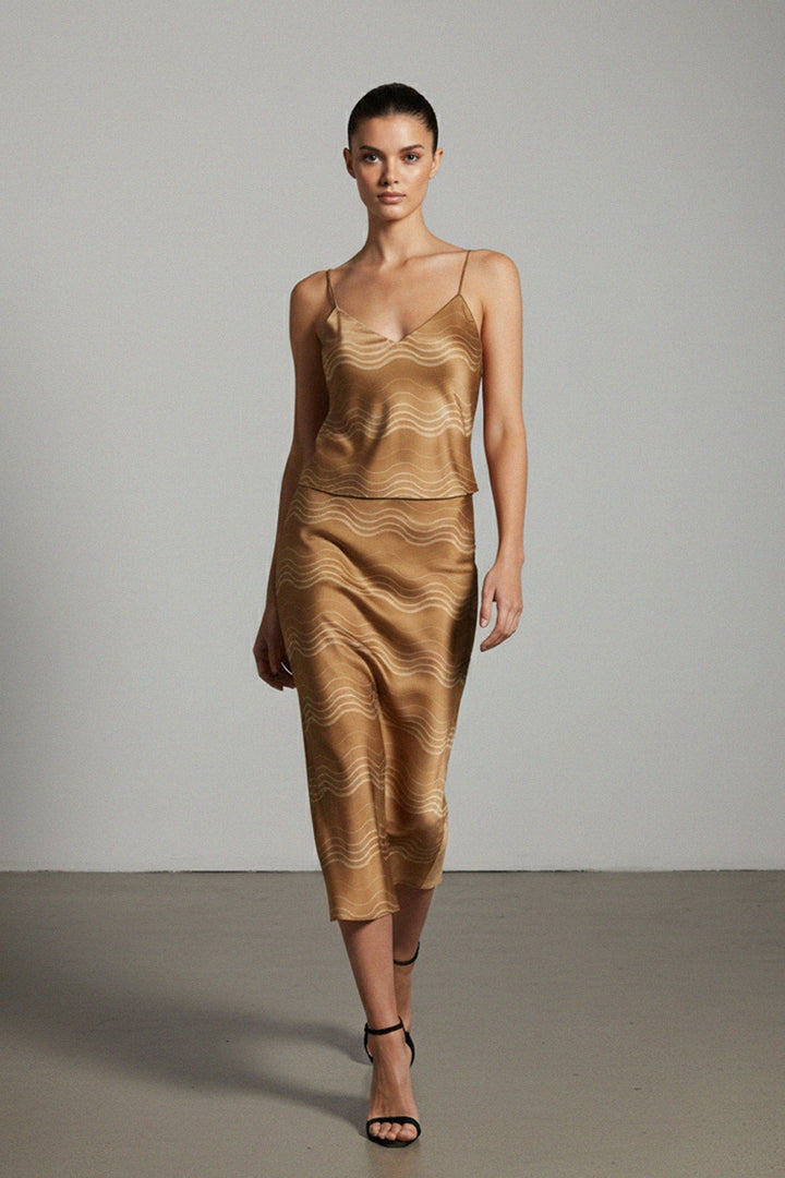 Golden Wave Satin Slip Dress with Luxe Faux-Fur Coat